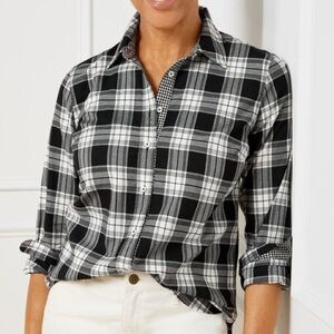 Talbots Button-Up Shirt Plaid Black White Women Size Large Petite 100% Cotton